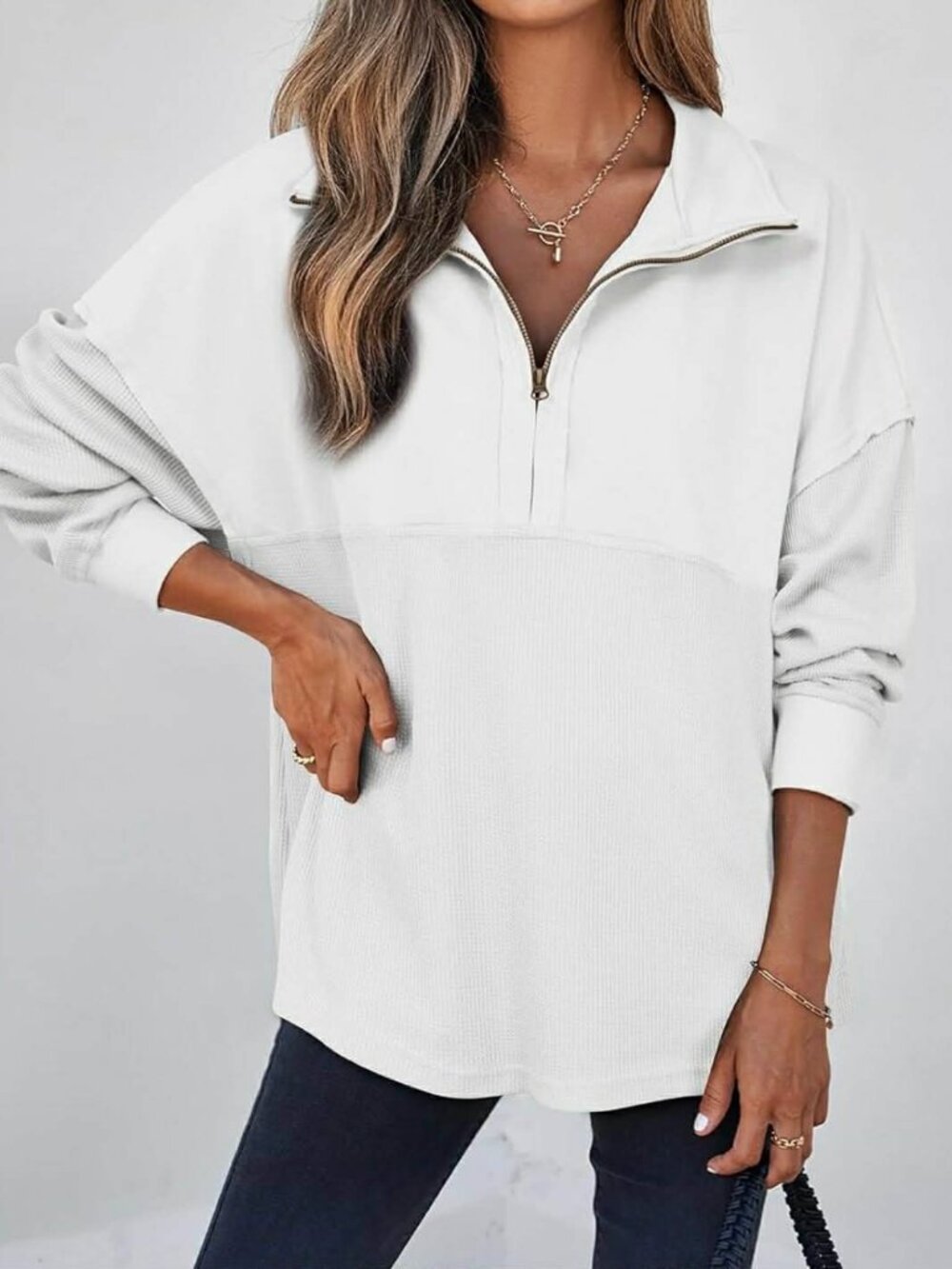 Womens Fall Sweatshirt Casual Waffle Knit Half Zip Pullover XL